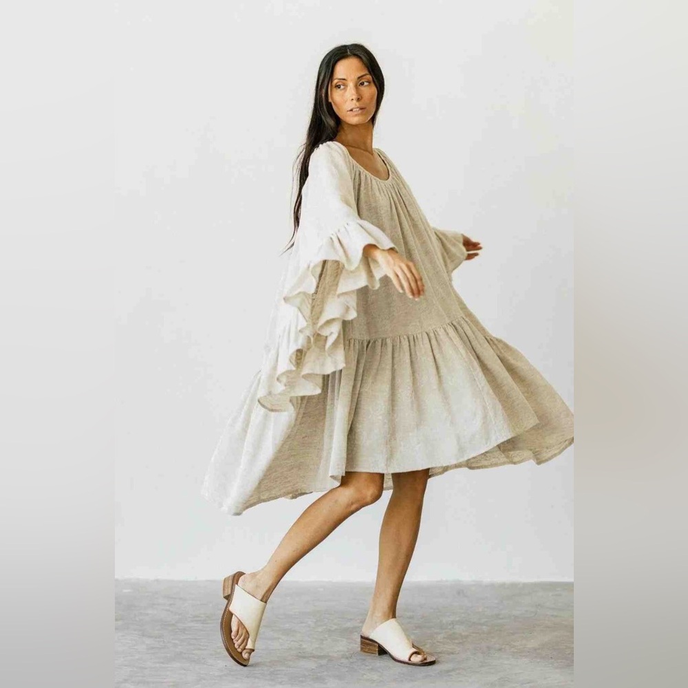 Myrah Penaloza Light Flax Linen Brida Butterfly Ruffle Pleated Dress Gown OS